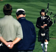 Michel playing bagpipes at Pebble Beach golf resort in the Monterey Bay